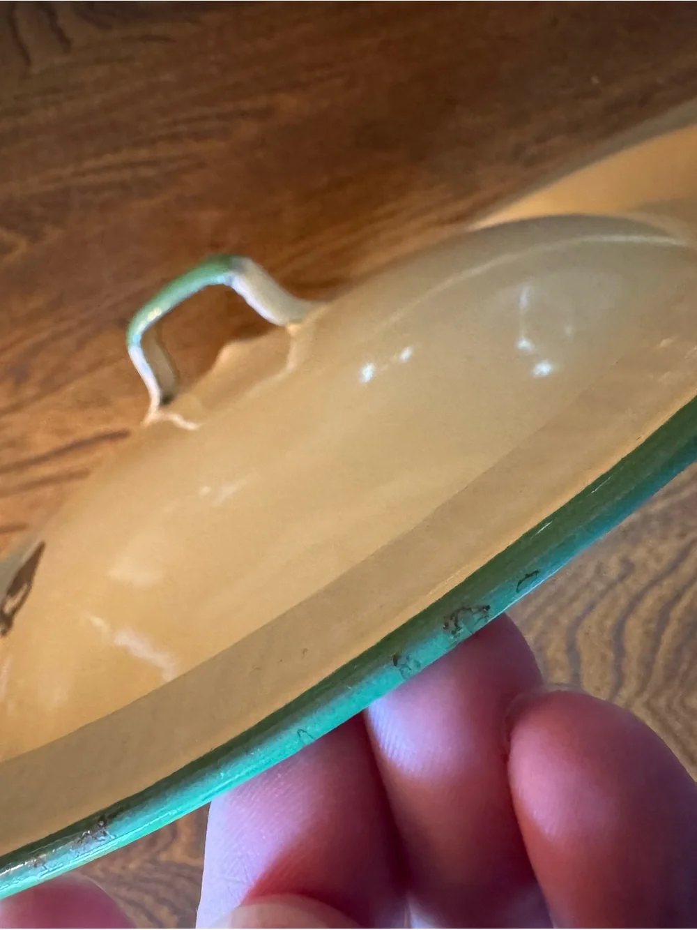 VTG Enamel Replacement Lid Only in Cream with Green Accent early mid century